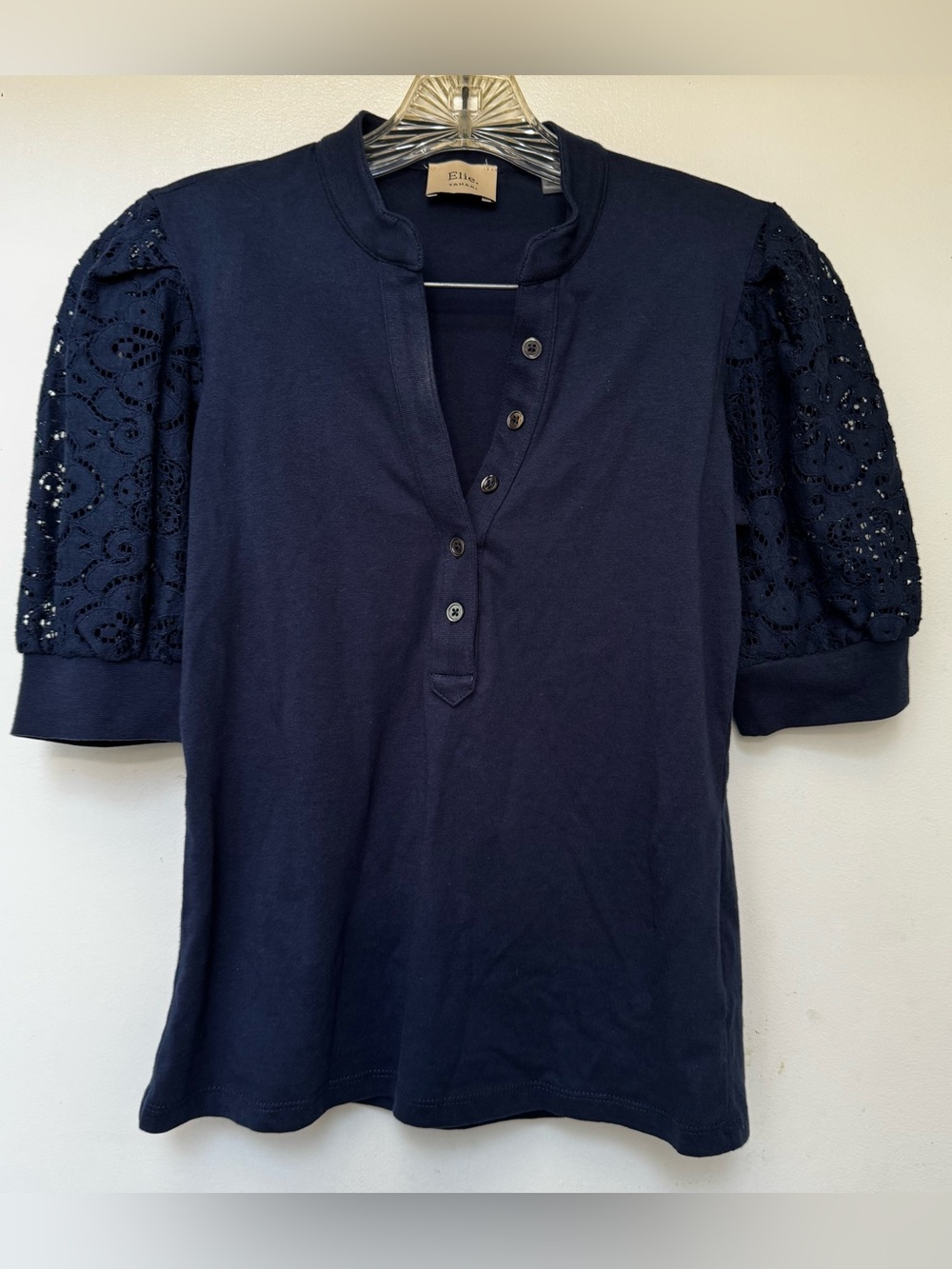 Elie Tahari Navy Lacy Puff Sleeve Henley Top